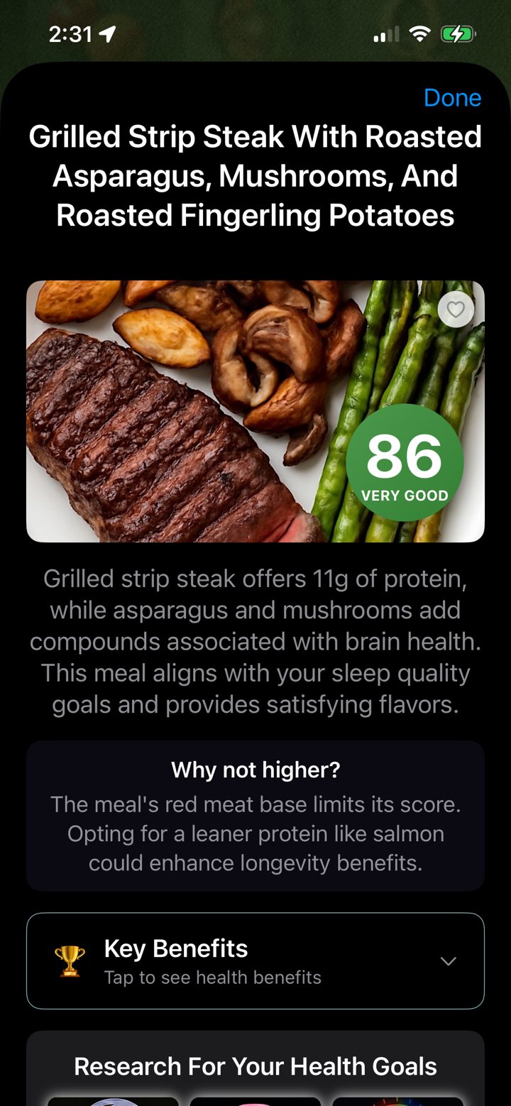 Longevity Food Lab scoring a grilled strip steak dinner: 86, Very Good, with Why not higher? explanation